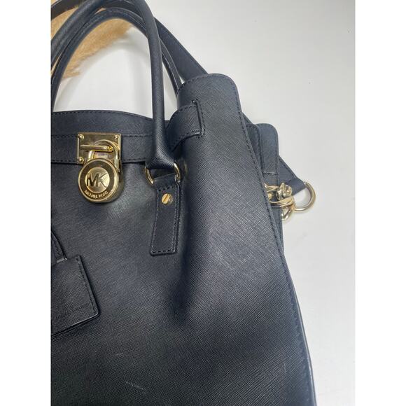 Michael Kors Hamilton Black Leather Satchel Shoulder Bag Tote Bag Gold Chain - Picture 4 of 13